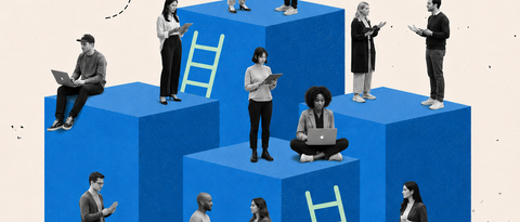 Vier unterschiedlich hohe blaue Quader, auf denen Menschen stehen, die am Laptop arbeiten oder sich miteinander unterhalten. Die einzelnen Blöcke sind mit Leitern verbunden. Das Bild symbolisiert "Entrepreneurship in den Geisteswissenschaften".