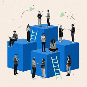 Vier unterschiedlich hohe blaue Quader, auf denen Menschen stehen, die am Laptop arbeiten oder sich miteinander unterhalten. Die einzelnen Blöcke sind mit Leitern verbunden. Das Bild symbolisiert "Entrepreneurship in den Geisteswissenschaften".